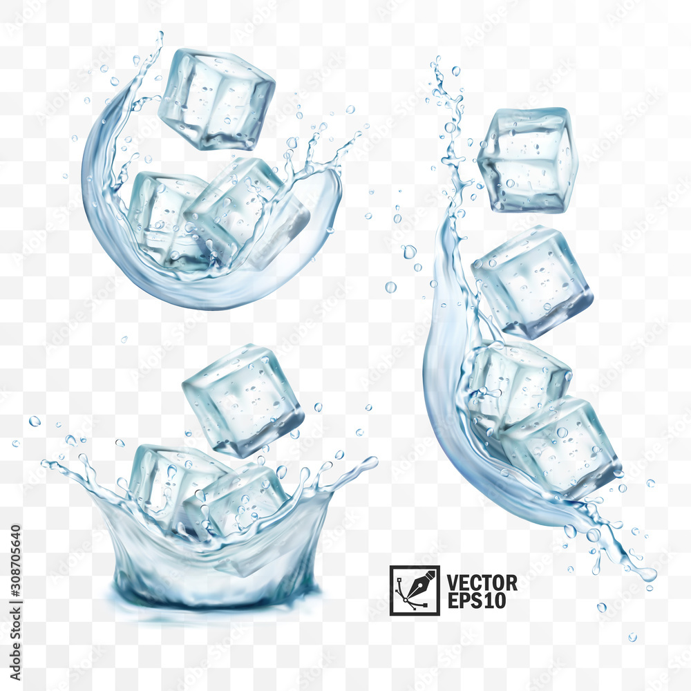 三维逼真的矢量透明冰块，在不同的水喷射和飞溅中，垂直和ho