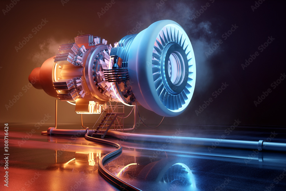 未来主义喷气发动机技术背景。工程和技术3D插图。