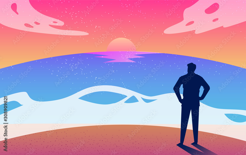 Sea and beach landscape concept. Silhouette man enjoy beauty of summer beach sunset. vector illustra