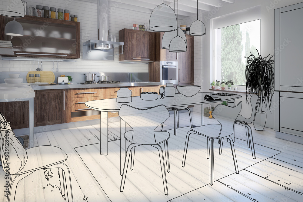 Kitchen Area with Dining Room Integration (illustration) - 3d visualization