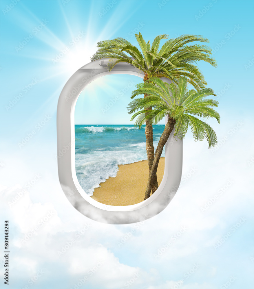 棕榈树、飞机窗户和海洋的旅行理念。