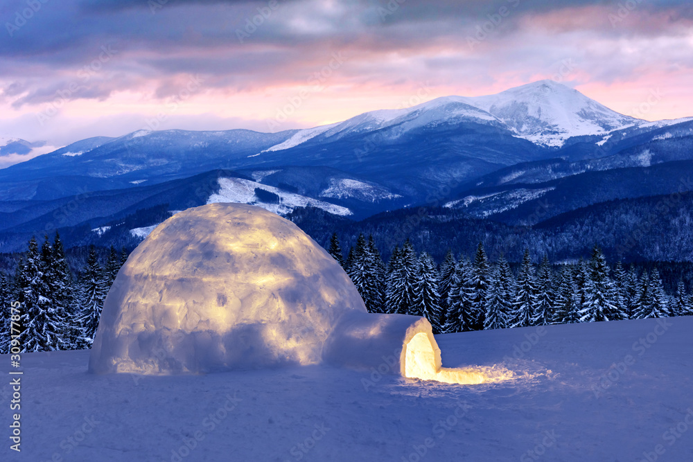 冬季山脉中真正的雪屋。雪地覆盖的冷杉和背面的山峰