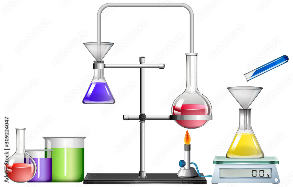 Set of science equipments on white background