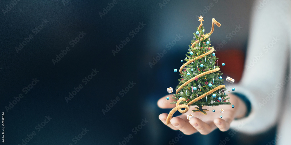 装饰圣诞树，圣诞背景，3d渲染