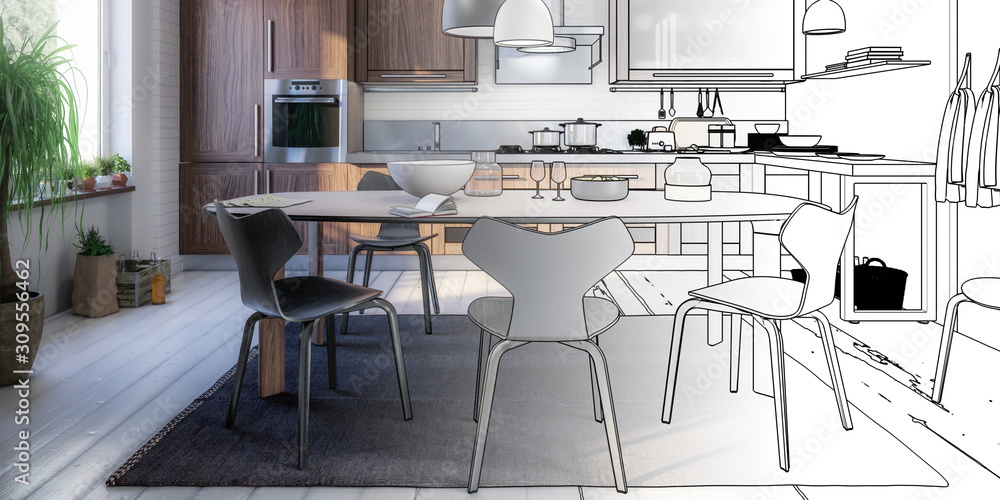 Modern Kitchen Arean with Dining Room Integration (panoramic concept) - 3d visualization