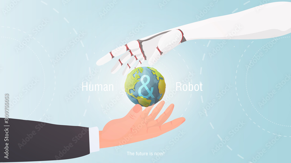 人类的手和机器人。未来就是现在！未来的概念。