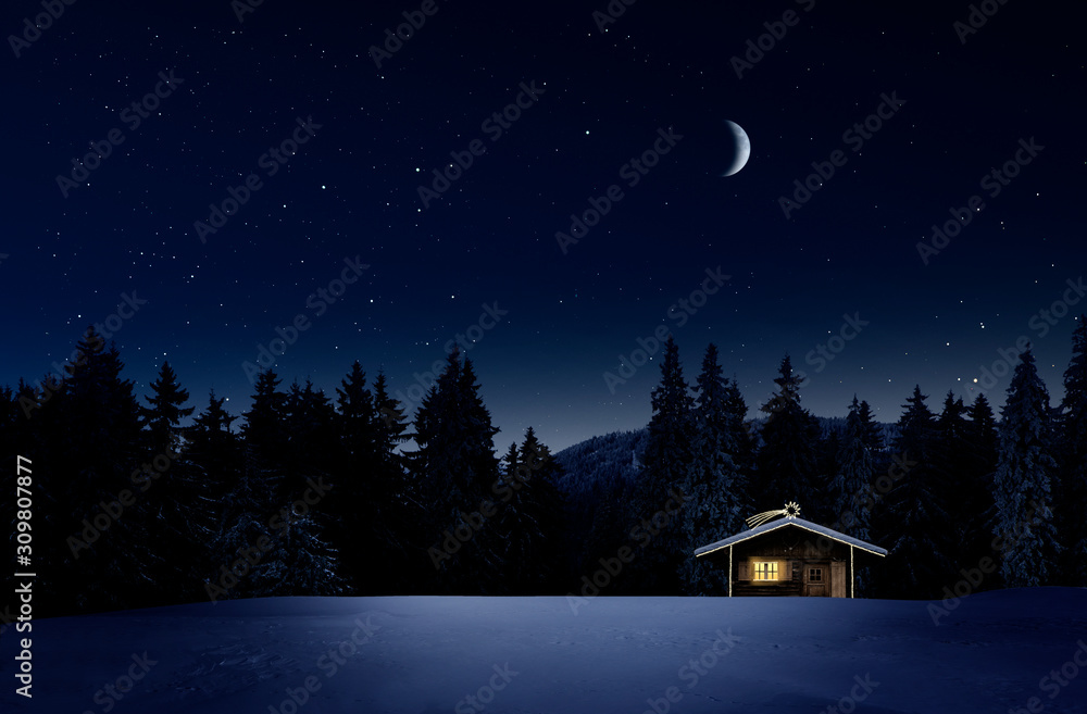 Weihnachtlich beleuchtete Hütte in Kalter Winternacht mit Sternenhimmel