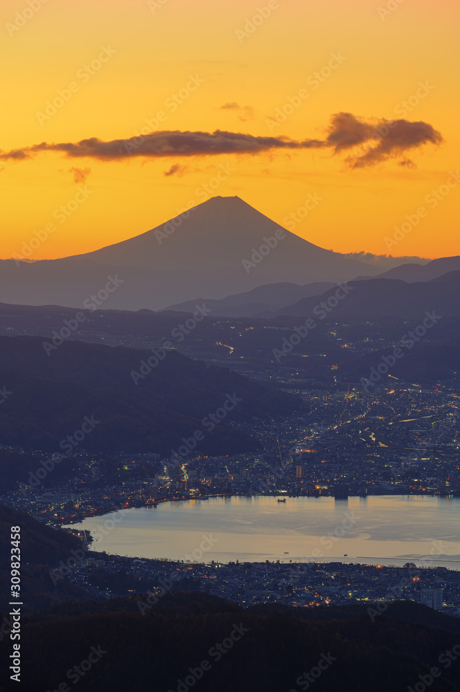 Fuji mountain and Lake Suwako view in Nagano, Japan