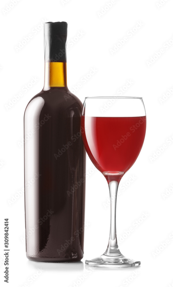 Bottle and glass of wine on white background