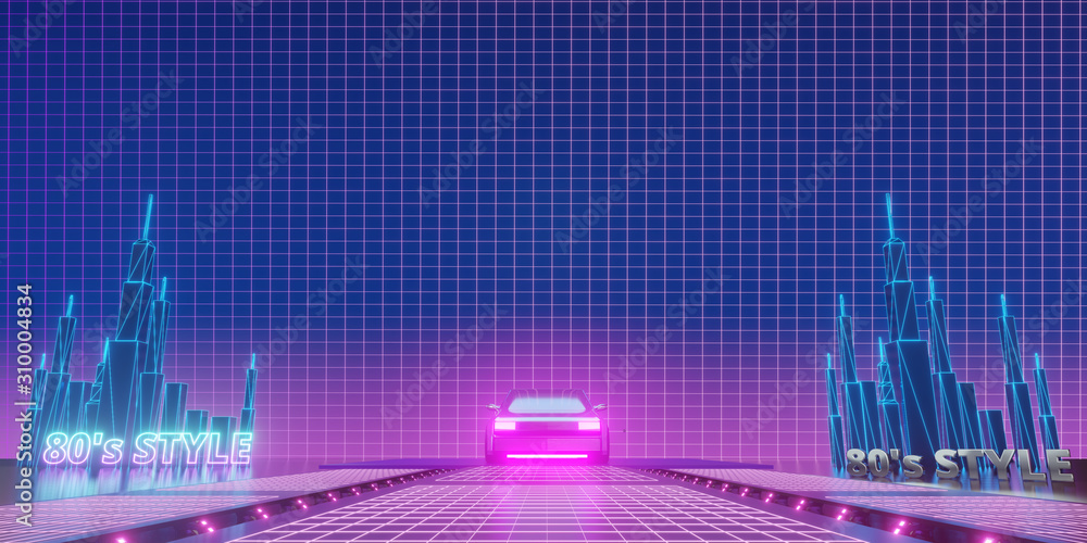 抽象科幻场景复古汽车和城楼20世纪80年代彩色霓虹迪斯科风格背景，3D效果图