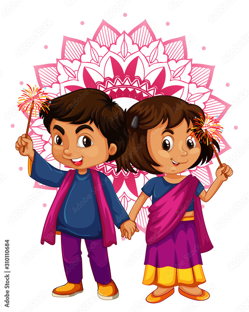 有曼陀罗背景的印度男孩和女孩