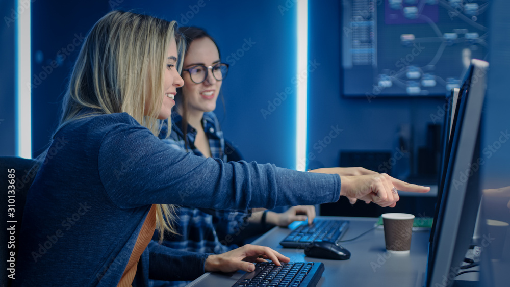 两名女性IT程序员在数据中心系统控制室的台式机上工作。你们的团队