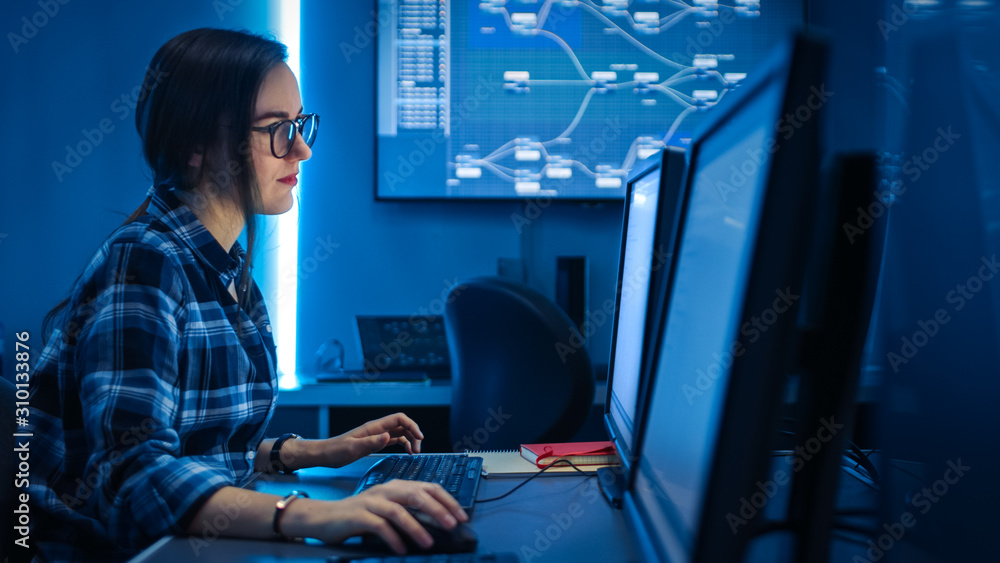 Smart Female IT Engineer / Programer Working on Desktop Comuter. Software Development / Coding/ Web 