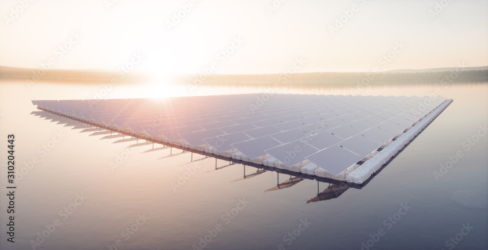 美丽的日落阳光下，平静湖面上漂浮的太阳能发电厂农场的航拍图像