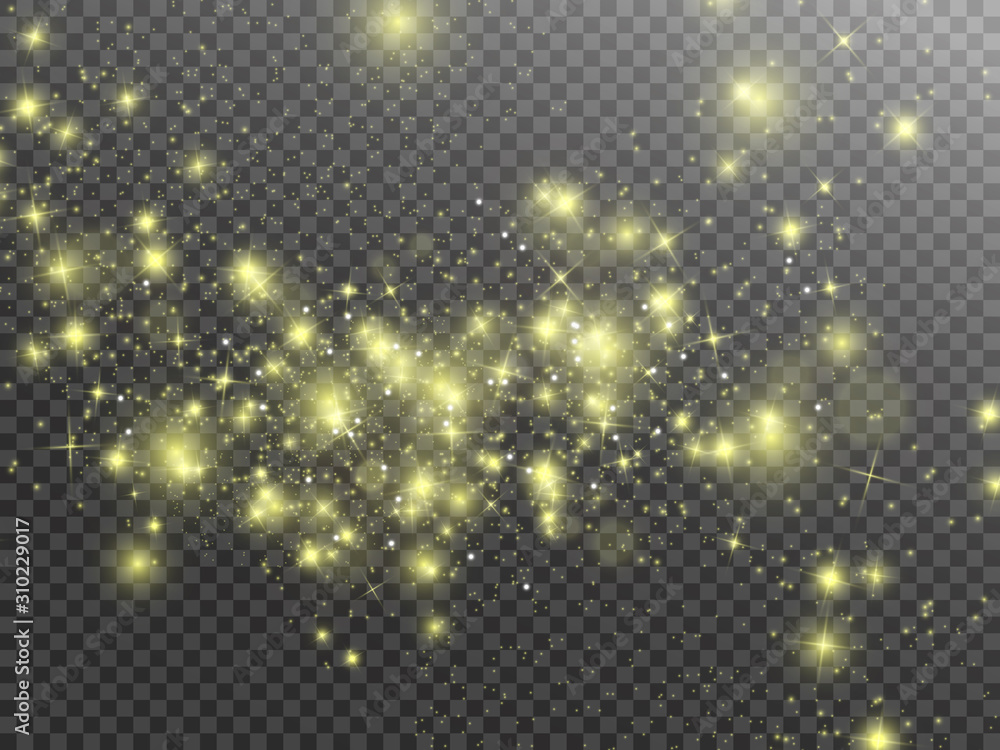 金色火花闪耀特殊灯光效果。矢量在透明背景上闪闪发光。圣诞抽象