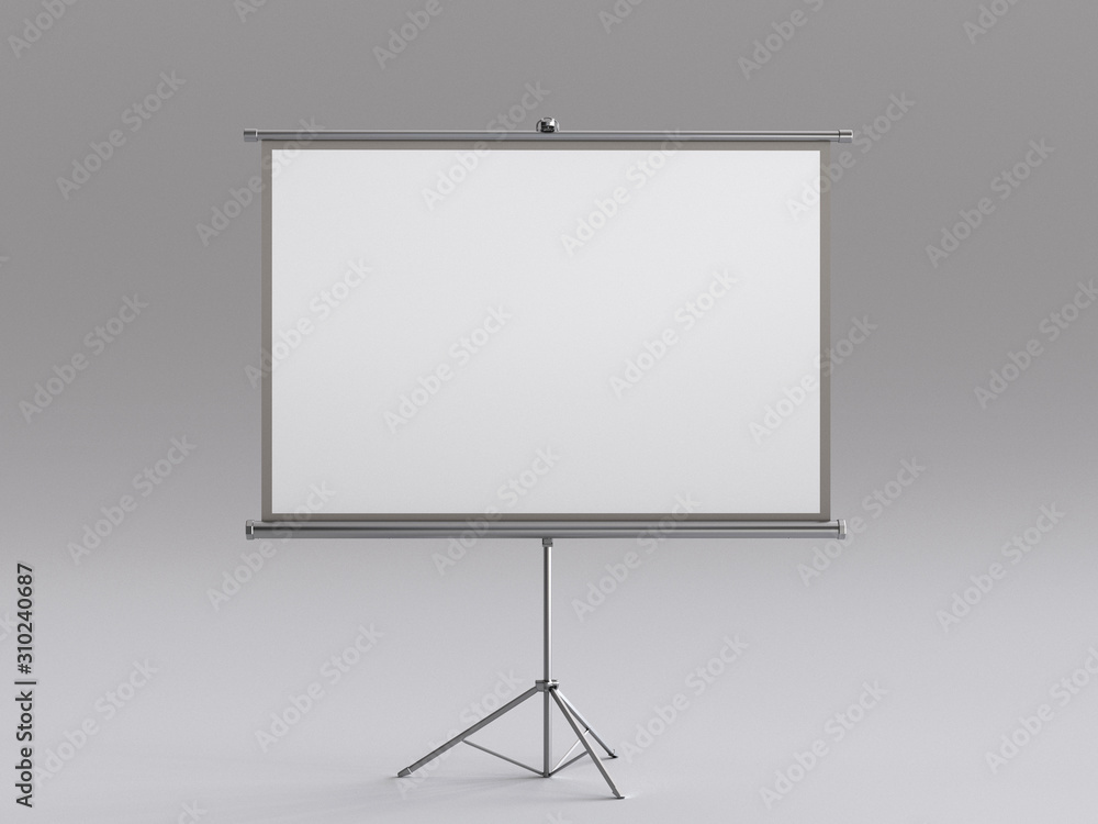 会议室里的白色电动大屏幕是空的，3d渲染