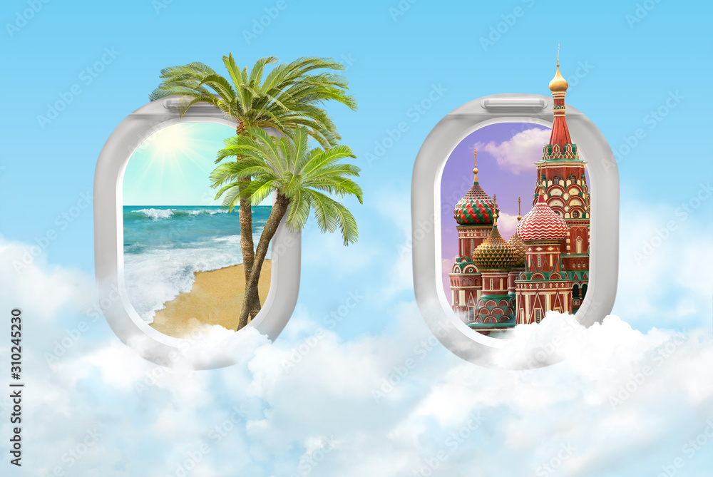 热带棕榈树海洋海滩和莫斯科圣巴西尔大教堂的旅行理念。飞机wi视图