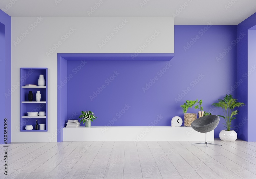 客厅蓝色幻影墙上的橱柜电视，简约设计。