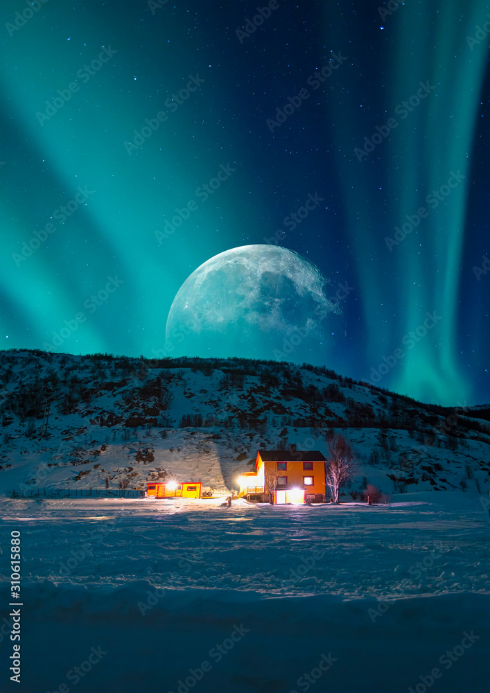 Landscape with house at night under green aurora sky - Northern lights (Aurora borealis) in the sky 