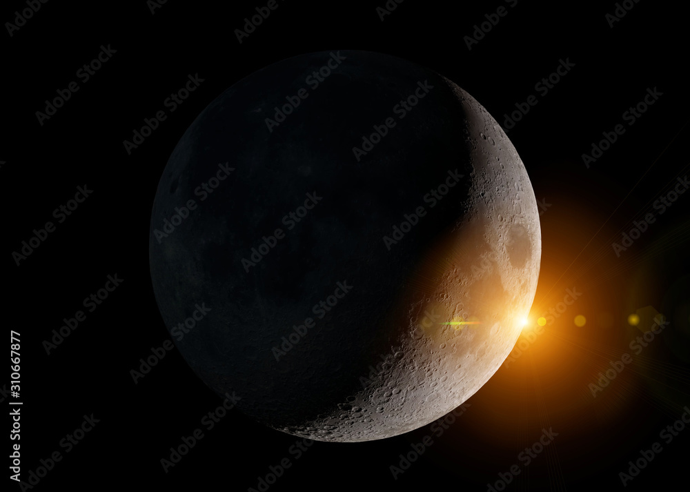 太空中新月的视图，背景为恒星，提供了该图像的3D渲染元素
