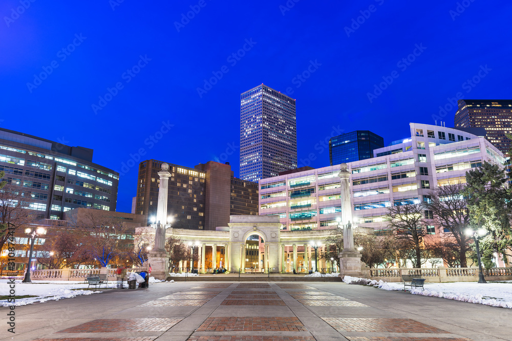 Denver, Colorado, USA downtown cityscape in Civic Center park