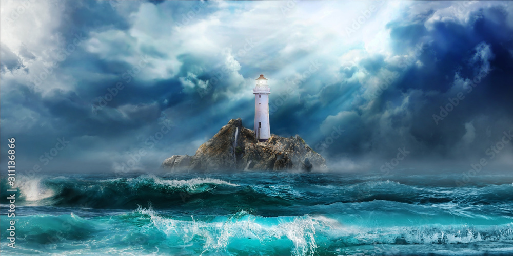 灯塔在风暴中，巨浪等待海啸