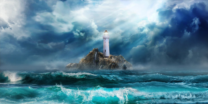 灯塔在风暴中，巨浪等待海啸
