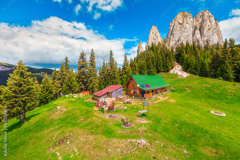 罗马尼亚壮观的夏季景观，有高高的悬崖和木屋