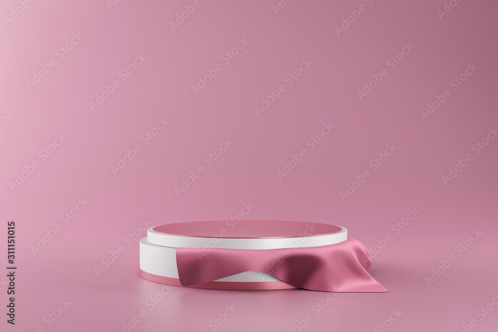 白色基座或讲台，情人节概念背景上有粉色织物平台。空白c