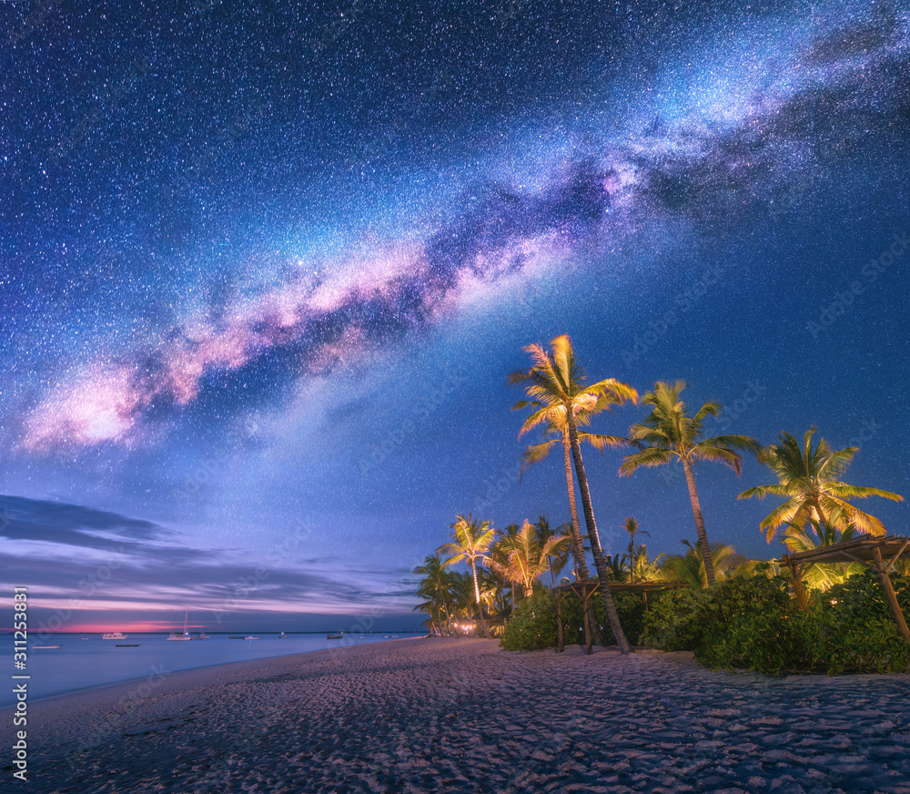 银河系在沙滩上，夏天晚上有棕榈树、日光浴床和雨伞。Landsca