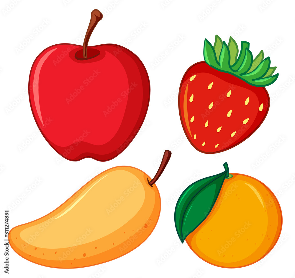 白色背景下的四种不同类型的水果