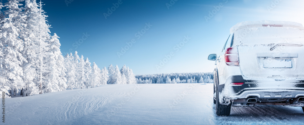 冬季道路上的白色汽车早晨