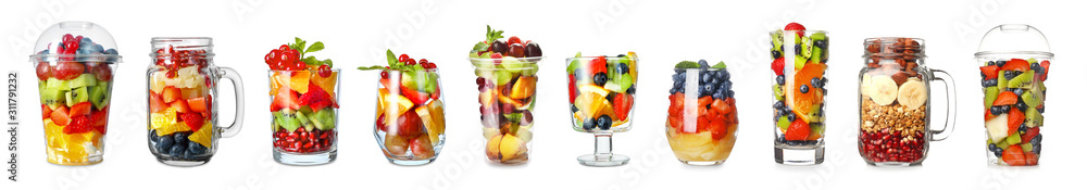 Set of tasty fruit salads on white background