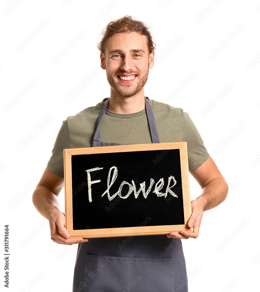 白人背景下拿着写有FLOWER字样的黑板的男性花商肖像