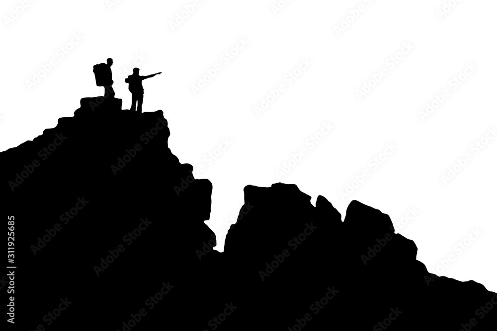 徒步旅行者两名徒步旅行者站在岩石上指着远方的照片。两名男子在山上