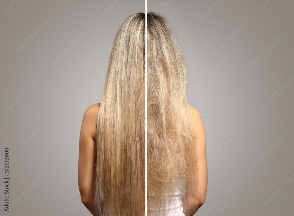 灰色背景头发处理前后的女性，后视图