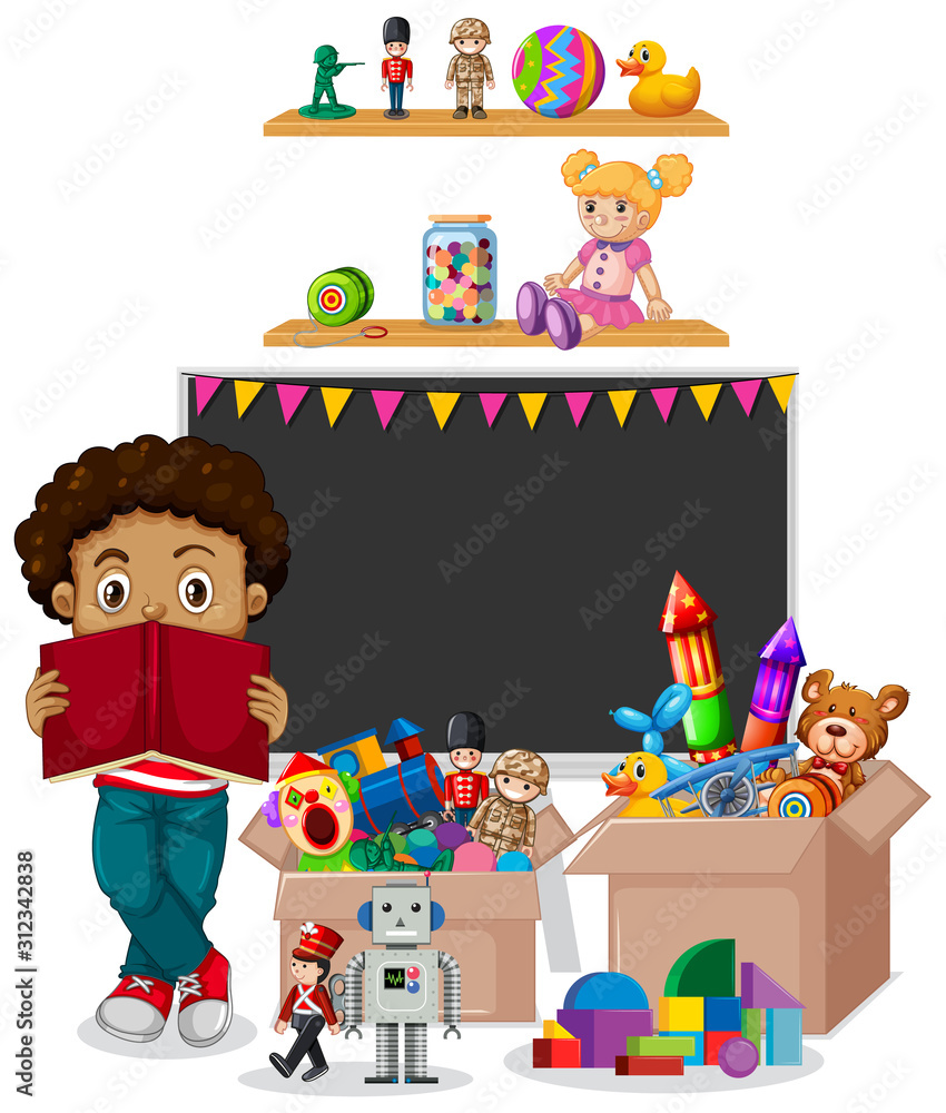 书架上满是白色背景的书和玩具