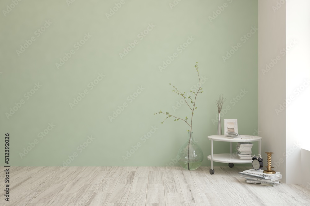 绿色的空房间，配有花瓶和现代桌子。斯堪的纳维亚室内设计。3D插图