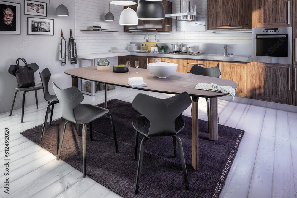 Contemporary Kitchen Area with Dining Room Integration - 3d visualization