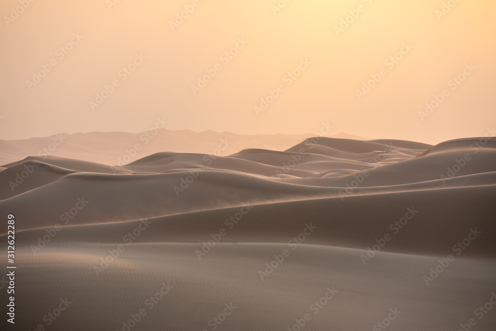 日出时沙漠中沙丘的抽象视图。阿拉伯联合酋长国空旷地区的利瓦沙漠