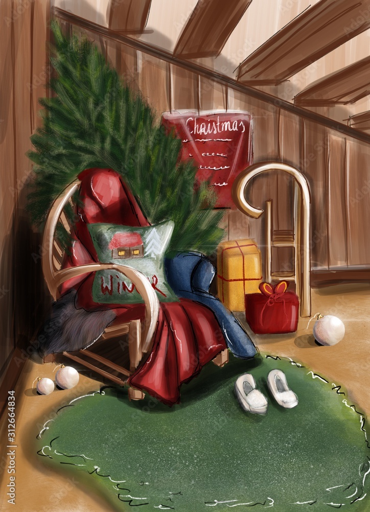 舒适室内的圣诞手绘明信片，配有摇椅、新年树和礼物