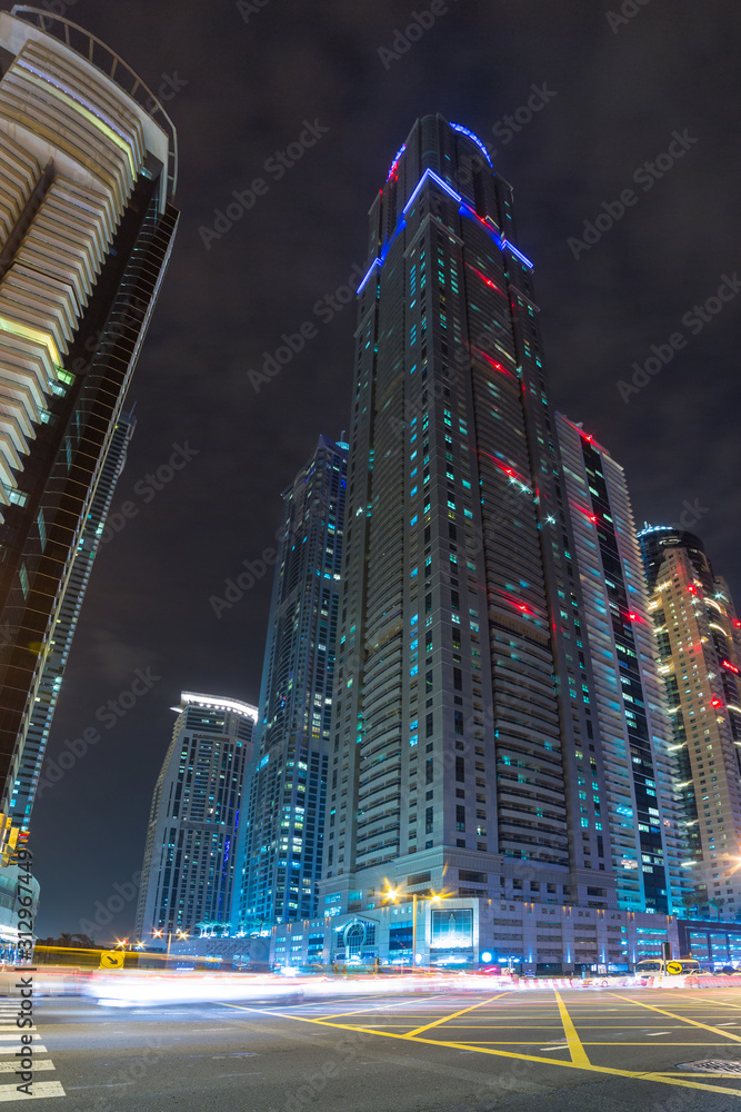 Skyscrapers of Dubai Marina at night, United Arab Emirates