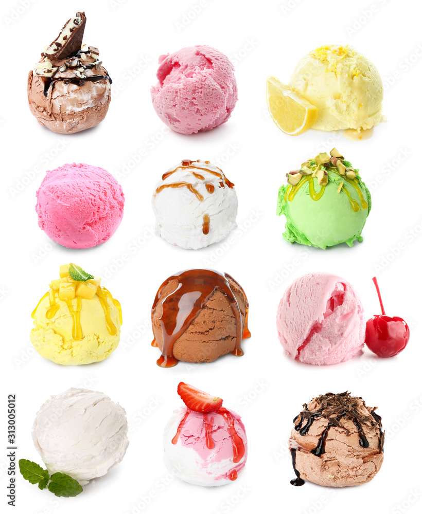 白色背景上的不同冰淇淋球
