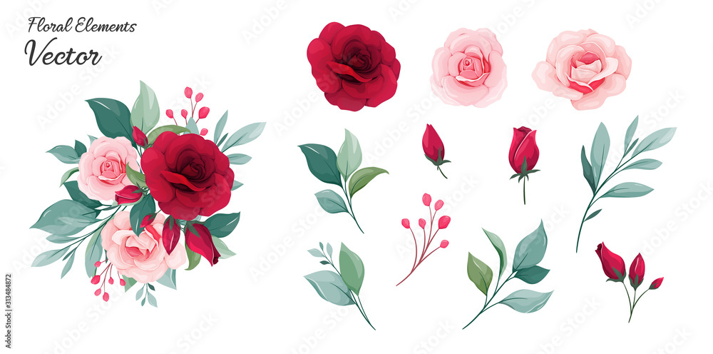 花卉元素矢量。红色和桃红色玫瑰花、叶子、膜的花朵装饰插图