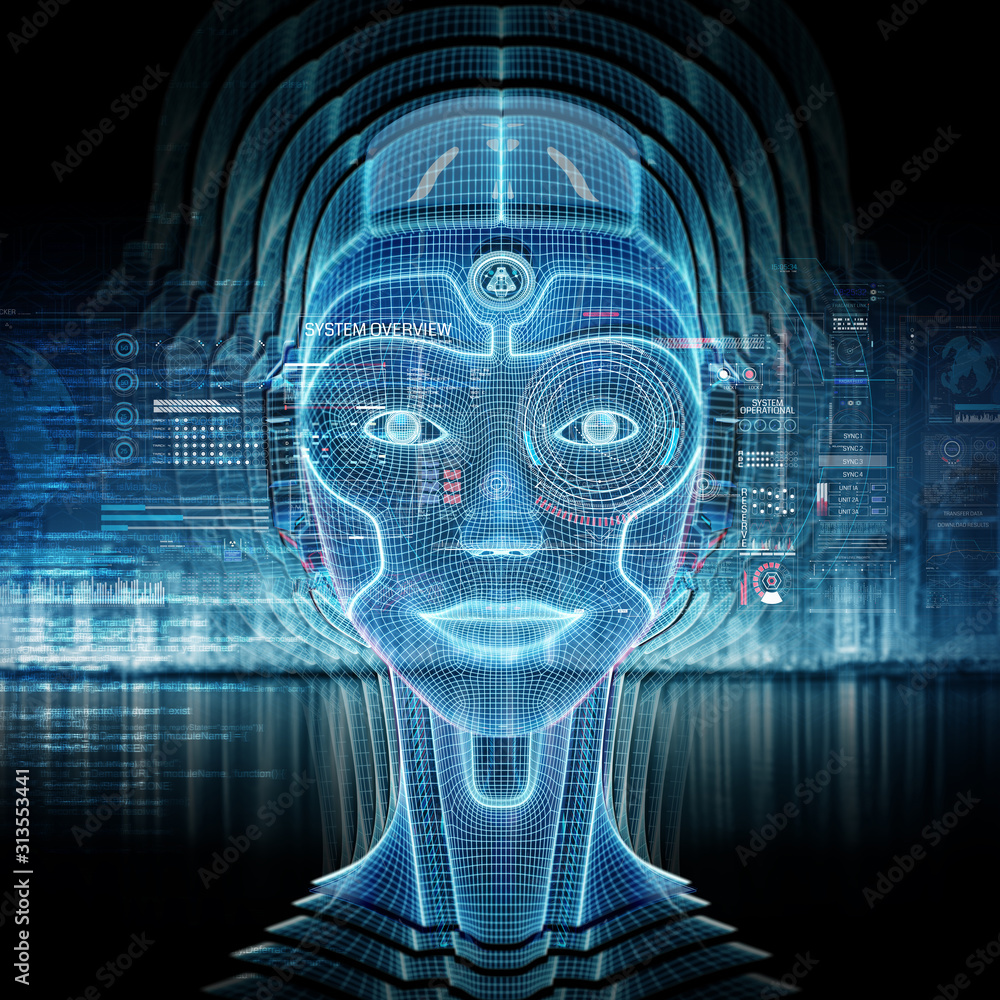 带有机器人半机械人头部概念的智能机器3D渲染