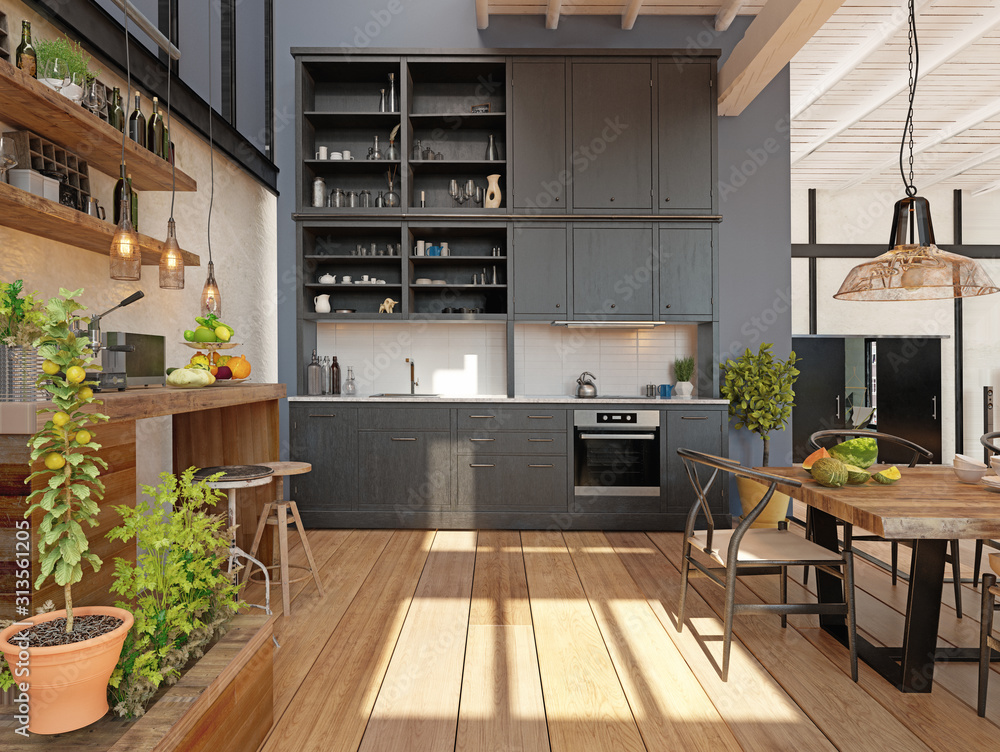 现代家用厨房内部。