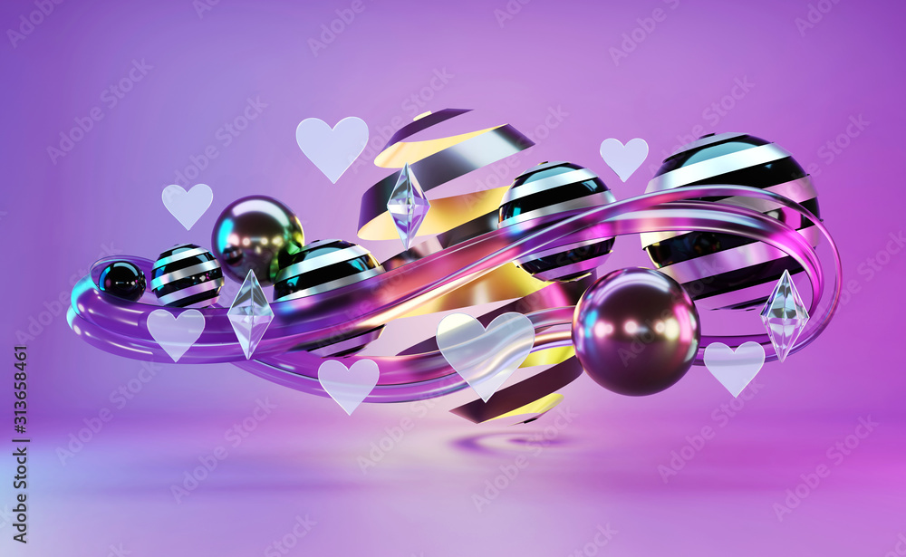 抽象浮动对象紫罗兰色主题背景，3D渲染