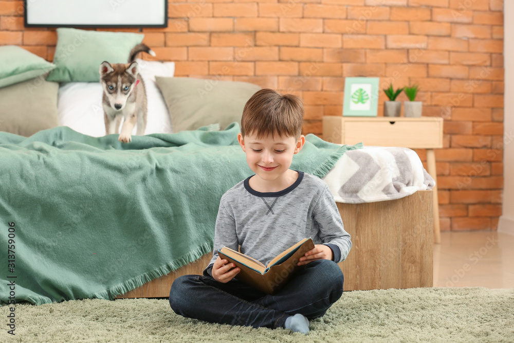 卧室里带着可爱的哈士奇小狗看书的小男孩