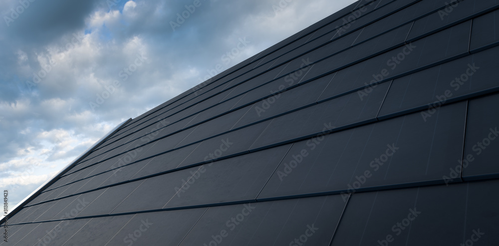 黑色太阳能屋顶概念。构建由现代单晶组成的集成光伏系统