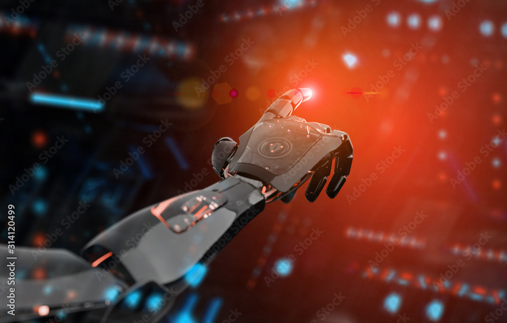 黑红智能机器人半机械人手臂在深色3D渲染上指手画脚